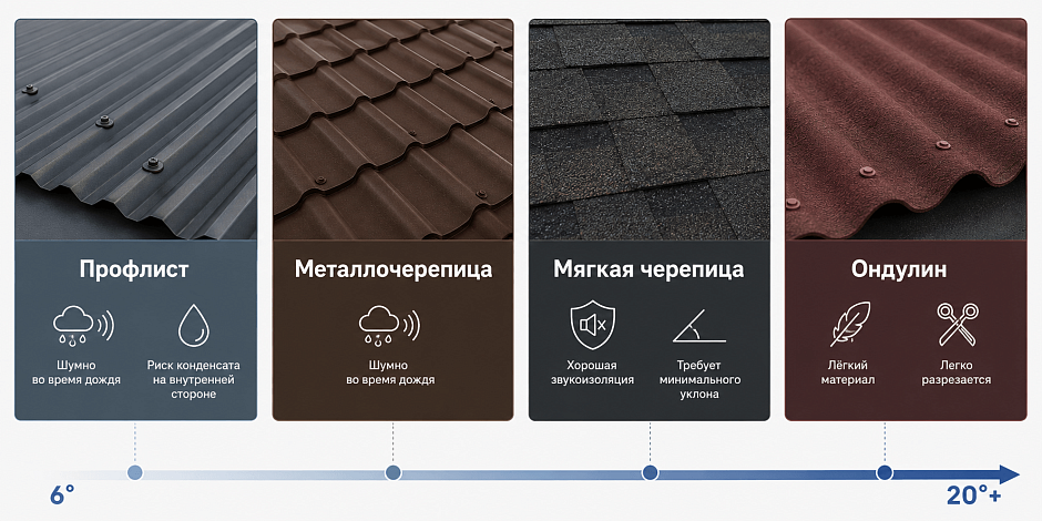 Минимальный уклон кровли зависит от материала — от 6° для ондулина до 18–20° для мягкой черепицы