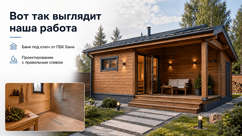 Баня под ключ от ПБК Бани с правильно организованным сливом воды