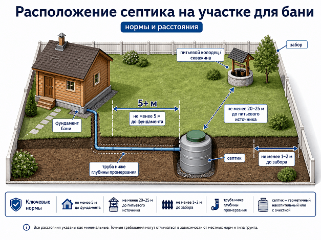 Расположение септика на участке для бани — нормы и расстояния по СанПиН