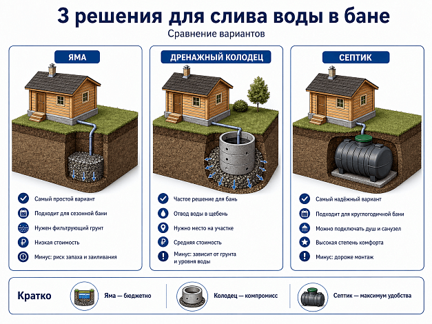Сравнение 3 способов слива воды в бане: яма, дренажный колодец, септик
