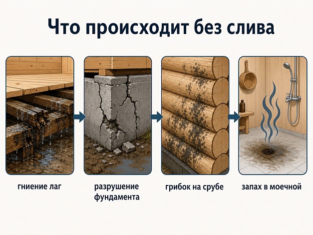 Последствия неправильного слива в бане: гниение лаг, разрушение фундамента, грибок на срубе, запах в моечной